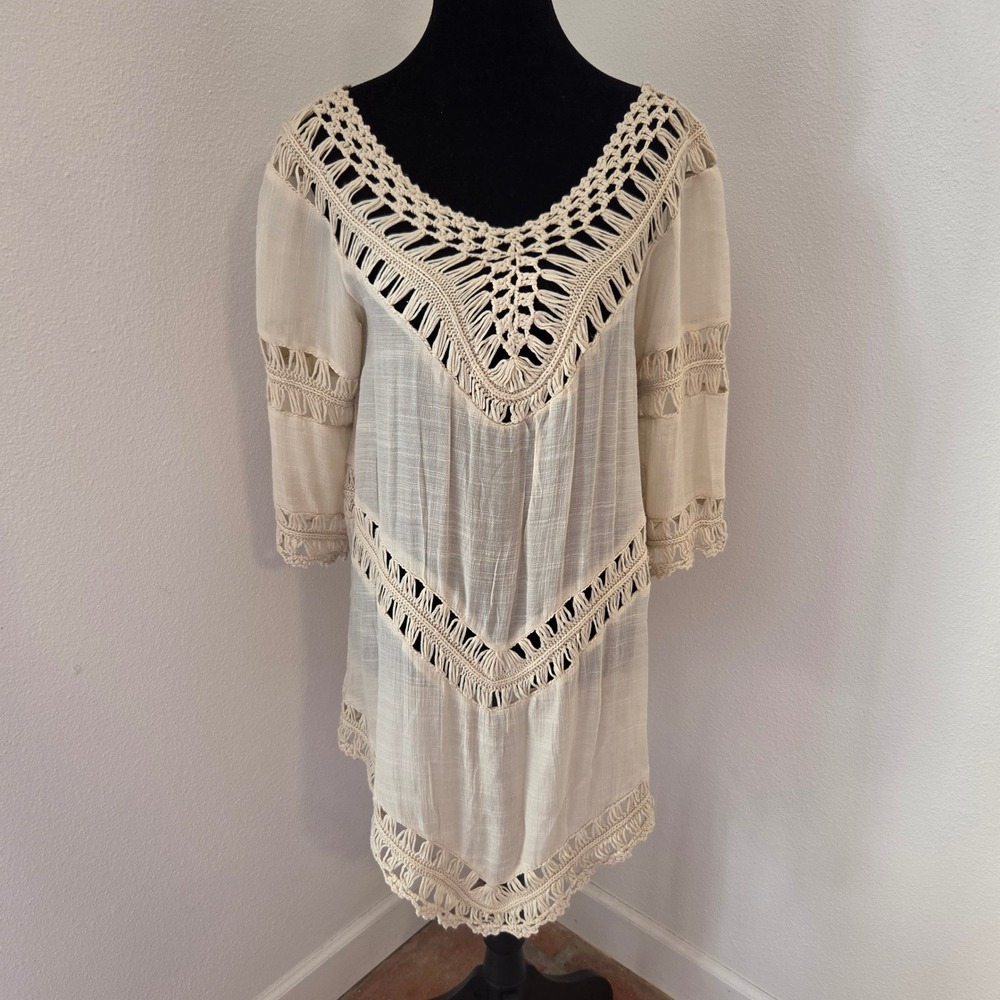 Ivory Crochet Boho Swimsuit Cover-up 3/4 Sleeve Sharkbite Hem Cream Small - Picture 3 of 9